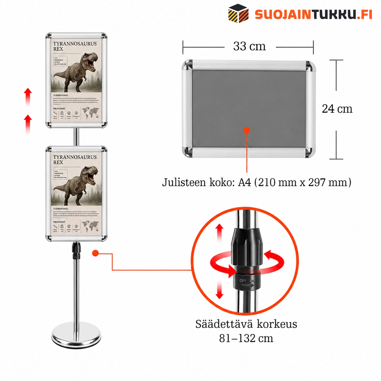 Säädettävän A4-infotaulun mitat 33 × 24 cm ja korkeussäätö 81–132 cm.
