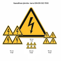 Vaarallinen jännite -tarra DIN EN ISO 7010 eri kokovaihtoehtoina