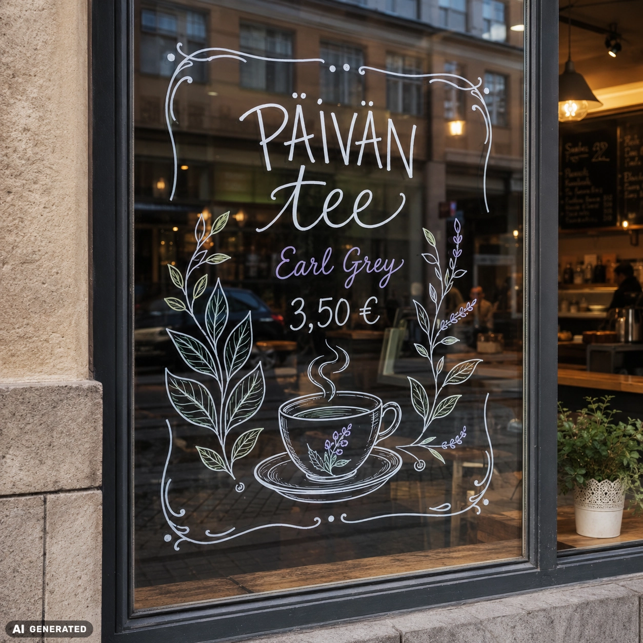 Kahvilan ikkunaan liitutusseilla piirretty päivän tee -mainos ja koristeellisia lehtiä