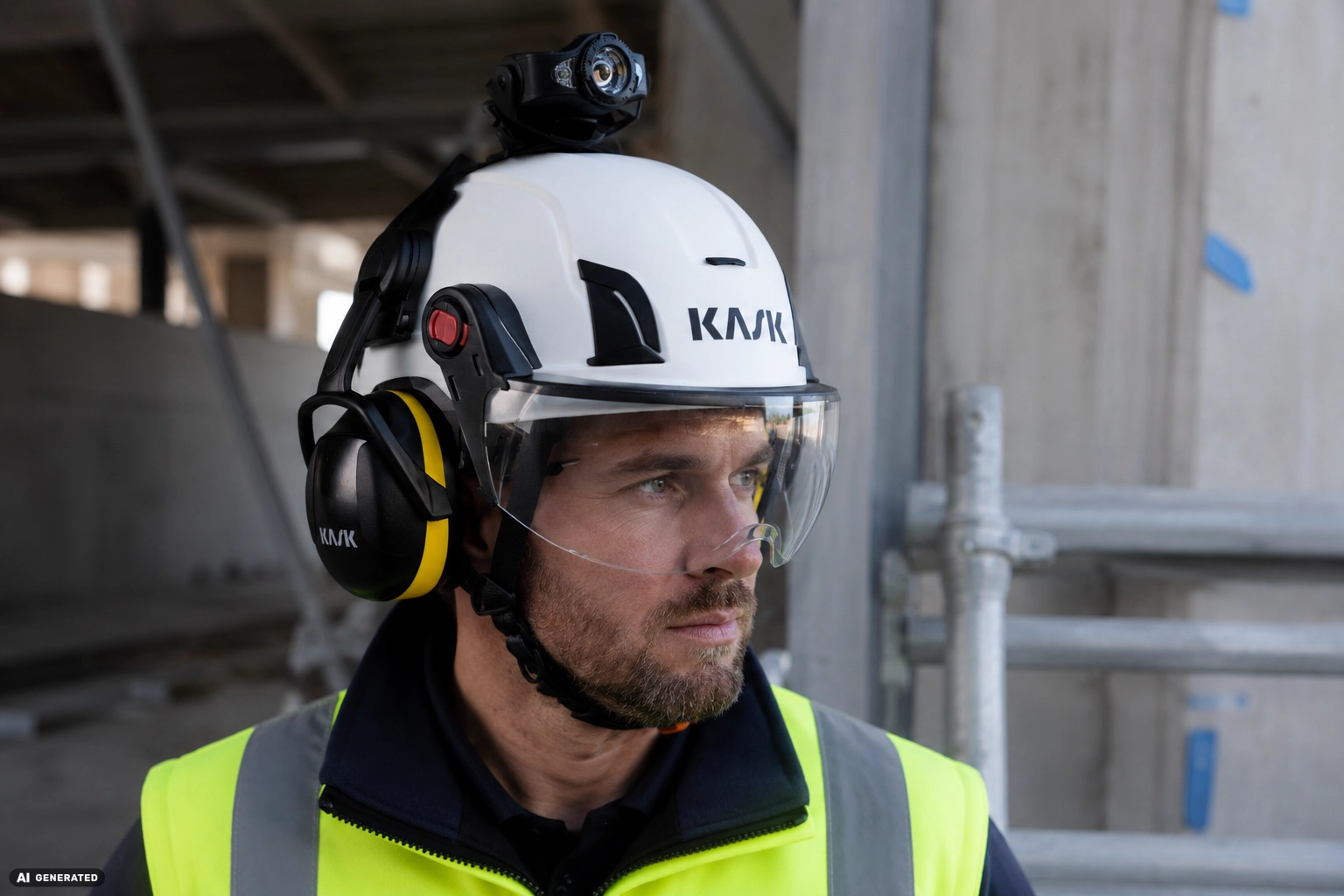 KASK-suojakypärää, visiiriä, kuulosuojaimia ja otsalamppua käyttävä rakennustyöntekijä työmaalla.