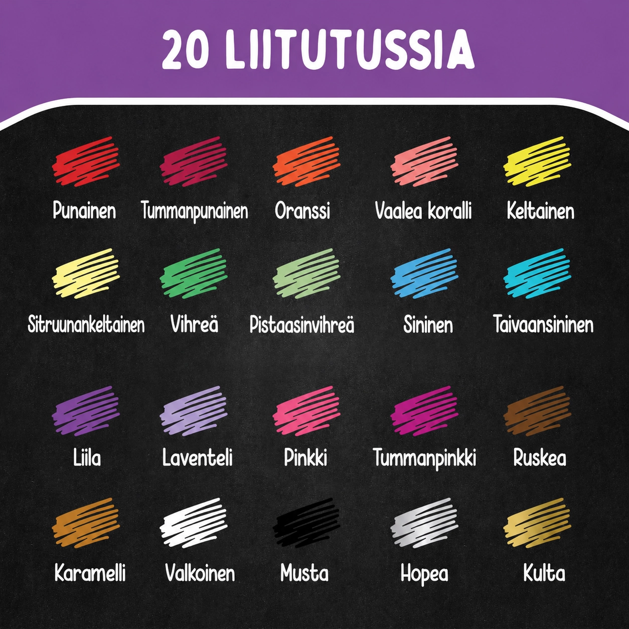 Liitutussien 20 värisävyä mustalla liitutaululla