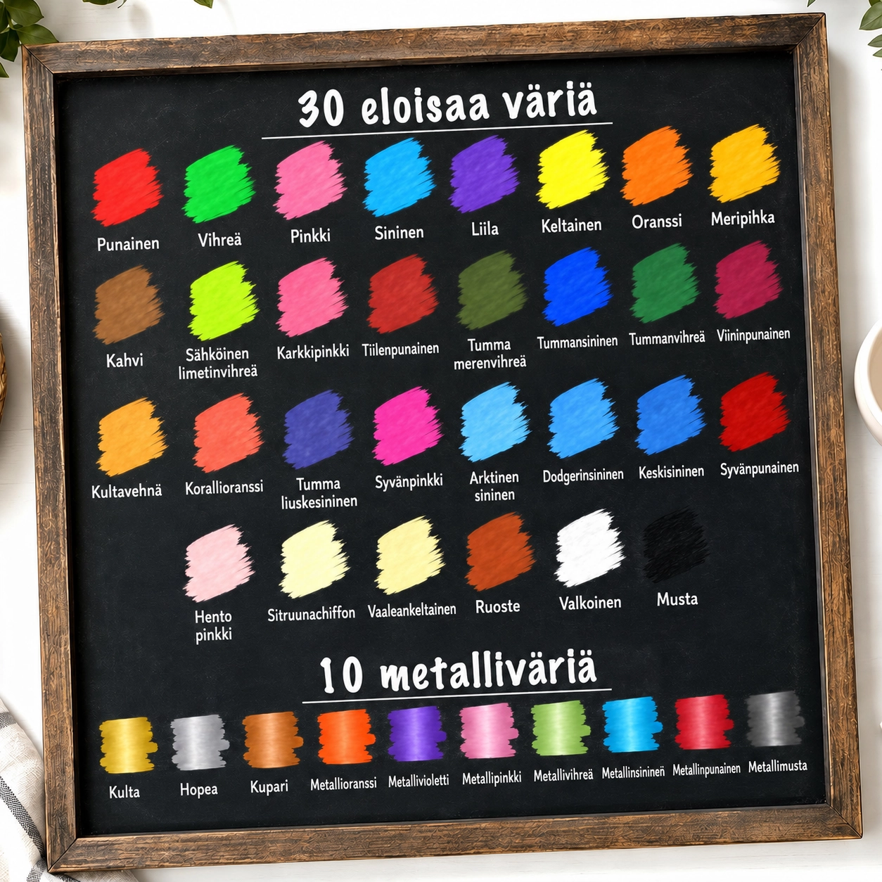 Liitutussien 30 kirkasta väriä ja 10 metalliväriä
