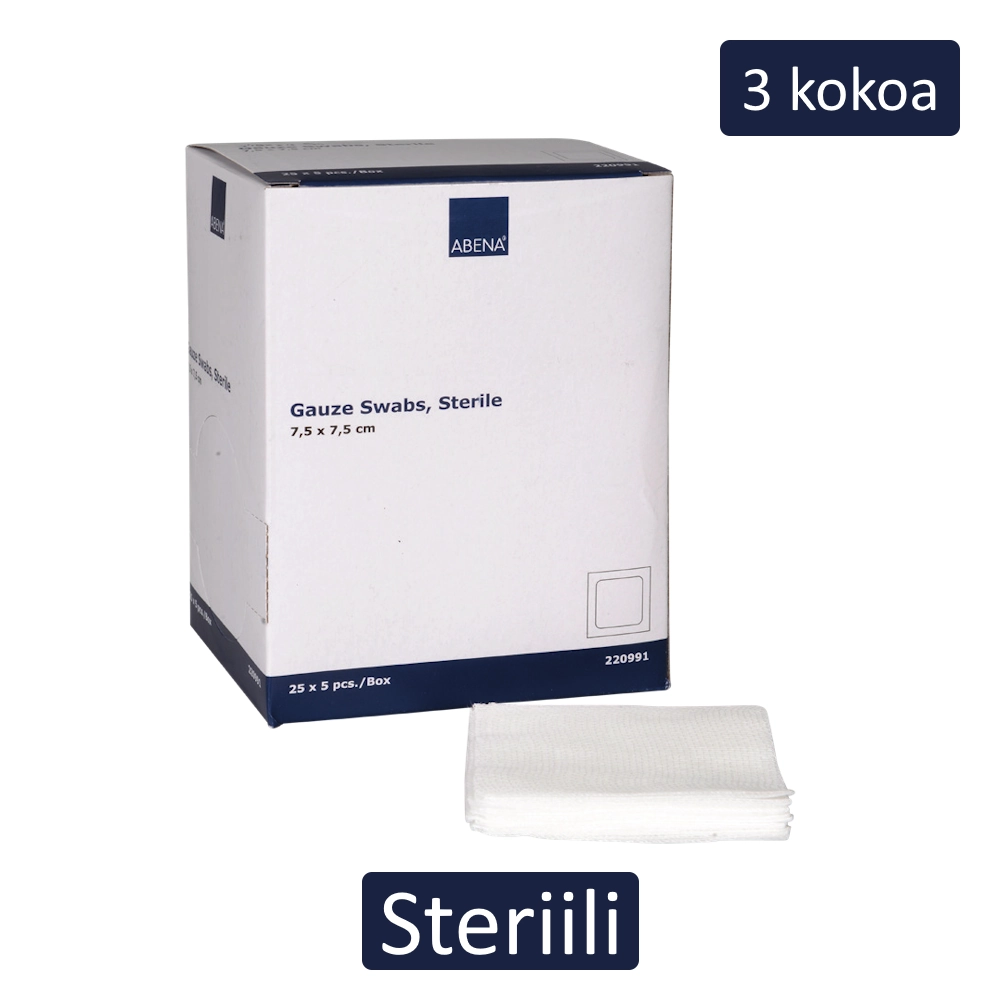 Pehmeä ja imukykyinen ABENA steriili puuvillaharsotaitos, steriili ja 3 eri kokoa.