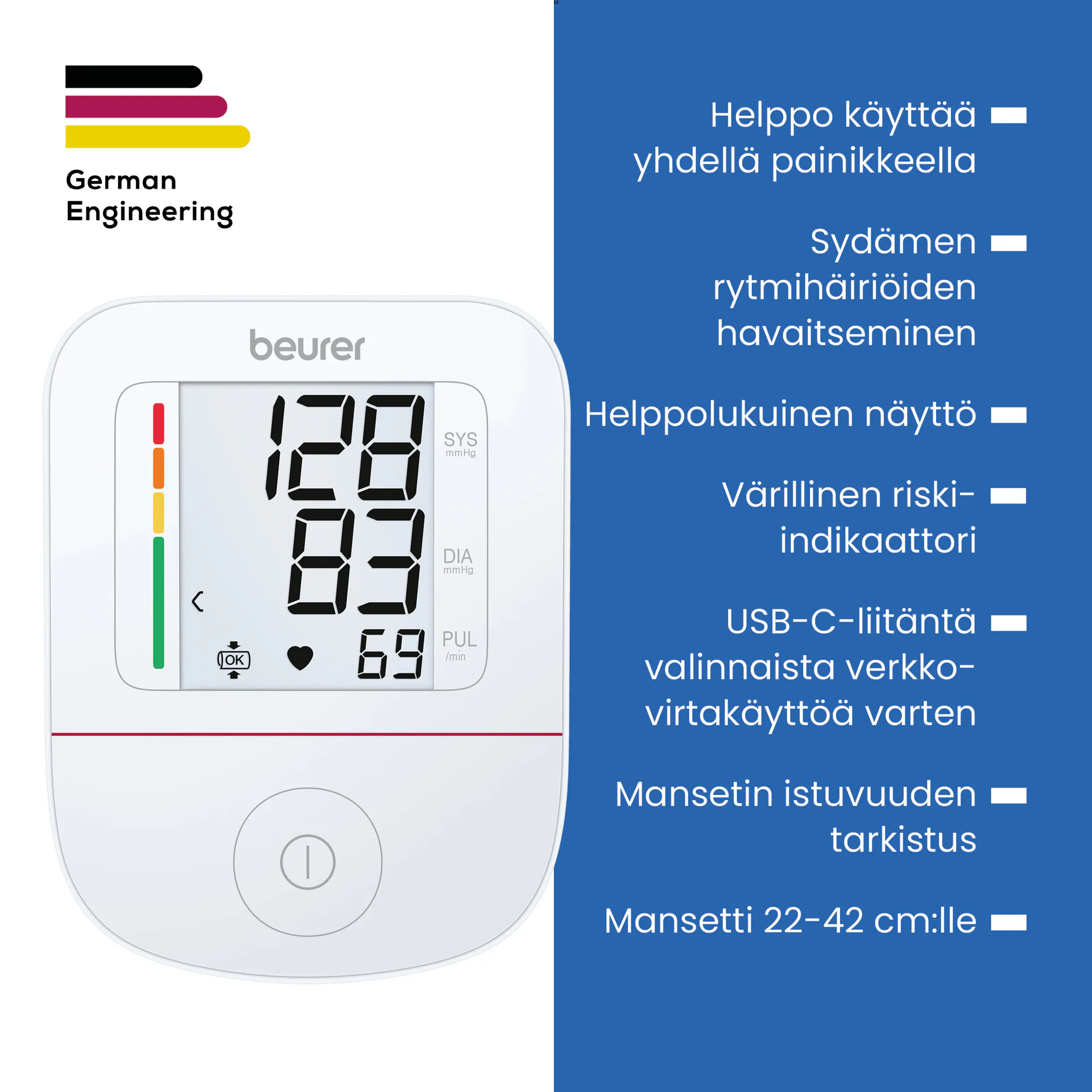 Beurer BM23 verenpainemittari – yhden painikkeen käyttö, rytmihäiriötunnistus ja 22–42 cm mansetti