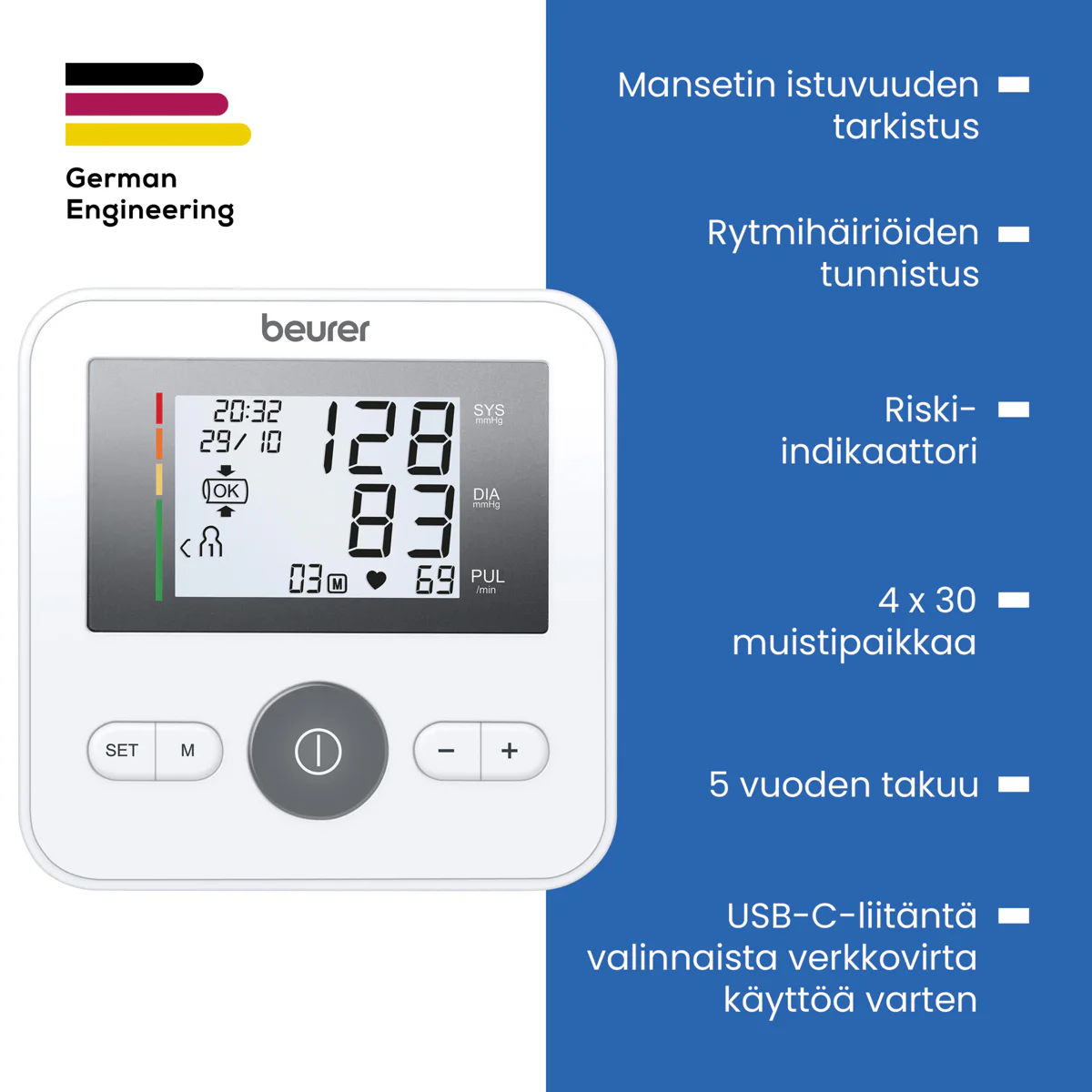 Beurer BM27+ verenpainemittari – mansetin istuvuuden tarkistus, rytmihäiriötunnistus ja 4 x 30 muistipaikkaa