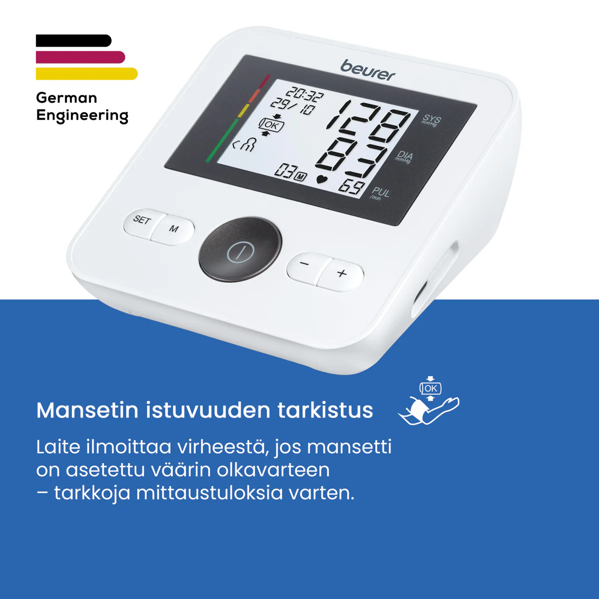 Beurer BM27+ verenpainemittarin mansetin istuvuuden tarkistus oikeaa olkavarsimittausta varten