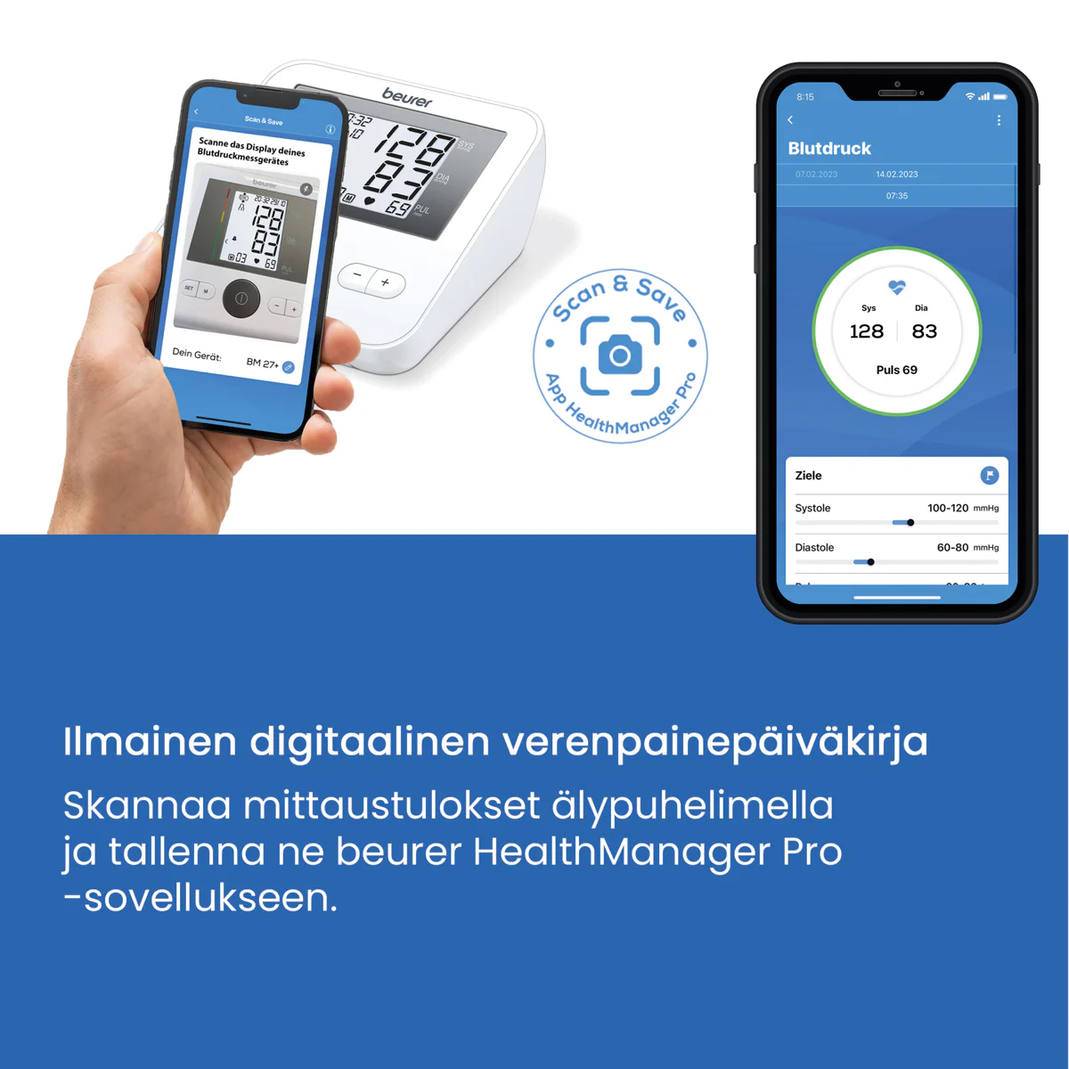 Beurer BM27+ Scan & Save verenpainearvojen tallennus beurer HealthManager Pro -sovellukseen