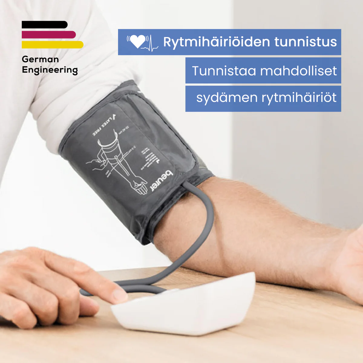 Beurer BM27+ verenpainemittari käytössä olkavarressa ja rytmihäiriöiden tunnistustoiminto