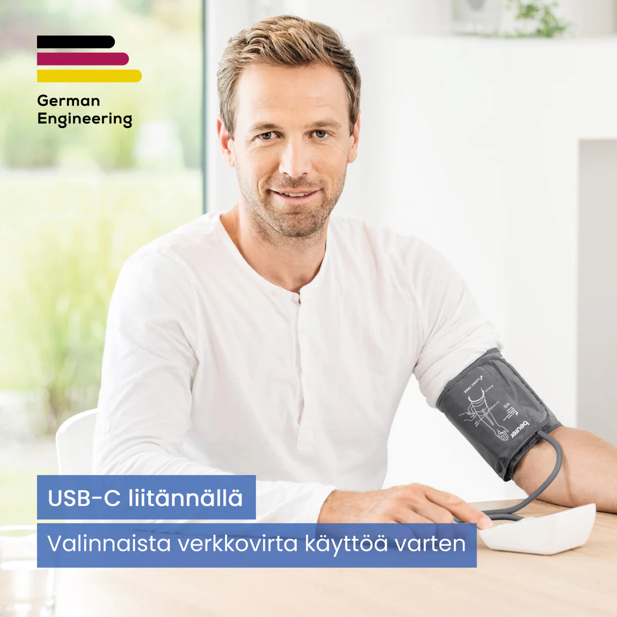 Beurer BM27+ verenpainemittari käytössä – USB-C-liitäntä valinnaista verkkovirtakäyttöä varten