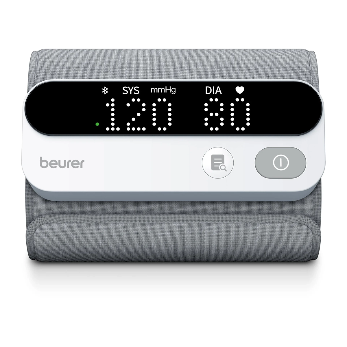 Beurer BM59 olkavarsiverenpainemittari edestä kuvattuna selkeällä näytöllä ja Bluetooth-yhteydellä