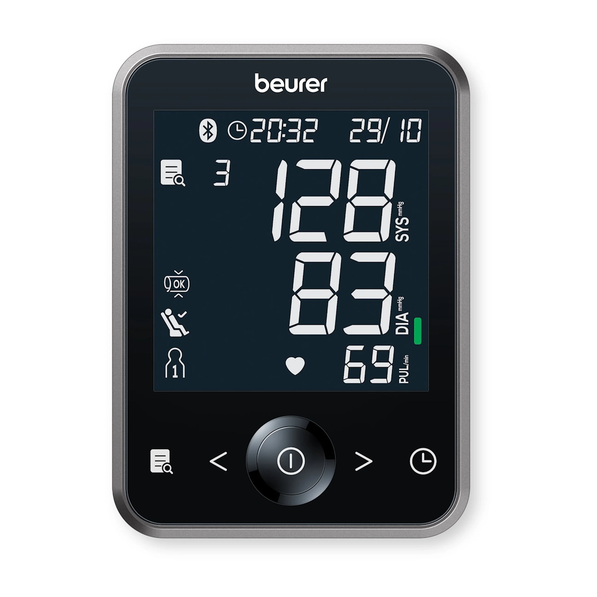 Beurer BM64 BT verenpainemittarin XL-näyttö verenpaine- ja pulssiarvoilla sekä Bluetooth-symbolilla