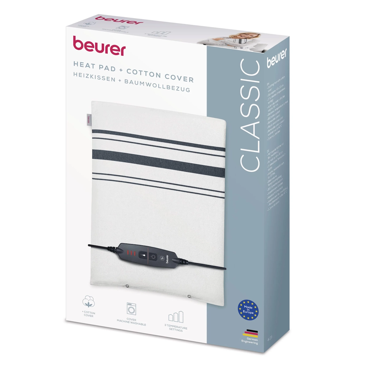 Beurer HK26 lämpötyyny tuotepakkauksessa kolmella lämpötila-asetuksella