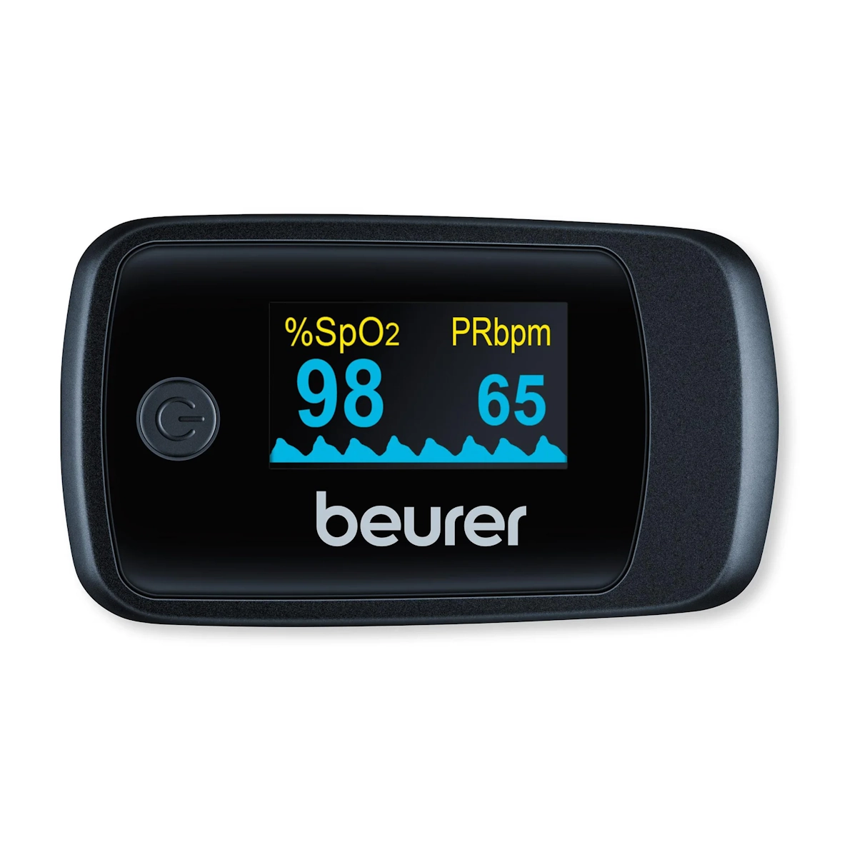 Beurer PO45 pulssioksimetrin OLED-näyttö SpO2 98 % ja pulssi 65 bpm mittaustuloksilla