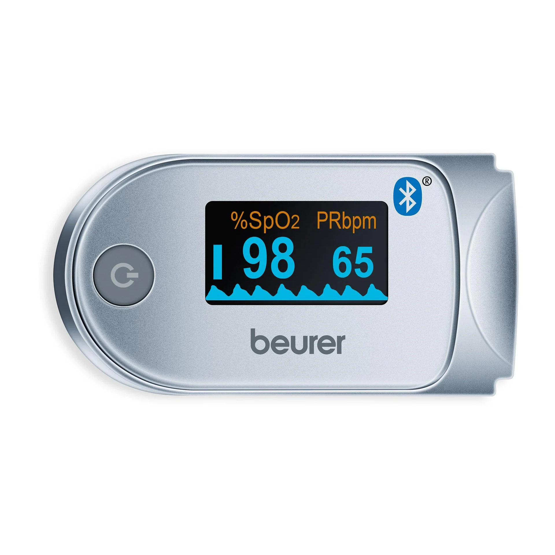 Beurer PO60 pulssioksimetrin näyttö SpO2 98 % ja pulssi 65 bpm mittaustuloksilla
