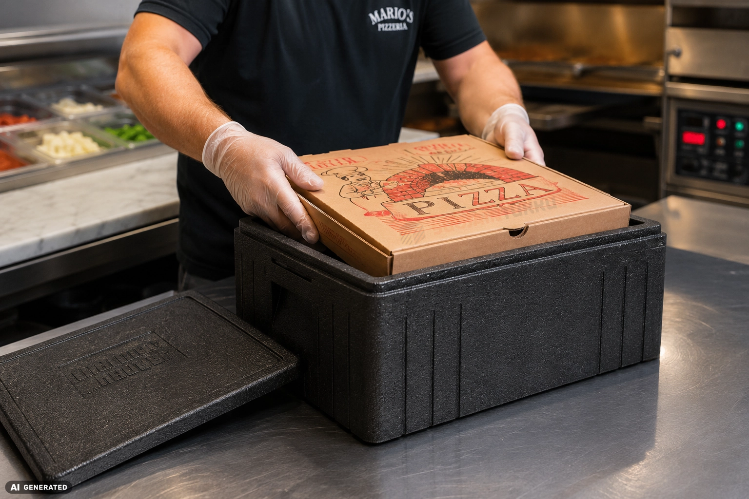 Pizzalaatikko asetetaan lämpöeristettyyn kuljetuslaatikkoon ravintolan ammattikeittiössä.