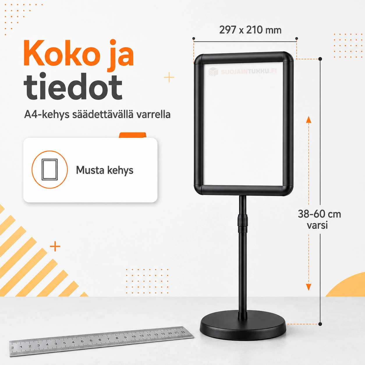 Säädettävä A4-mini-infotaulu 38–60 cm, A4-koko 297 × 210 mm ja musta kehys