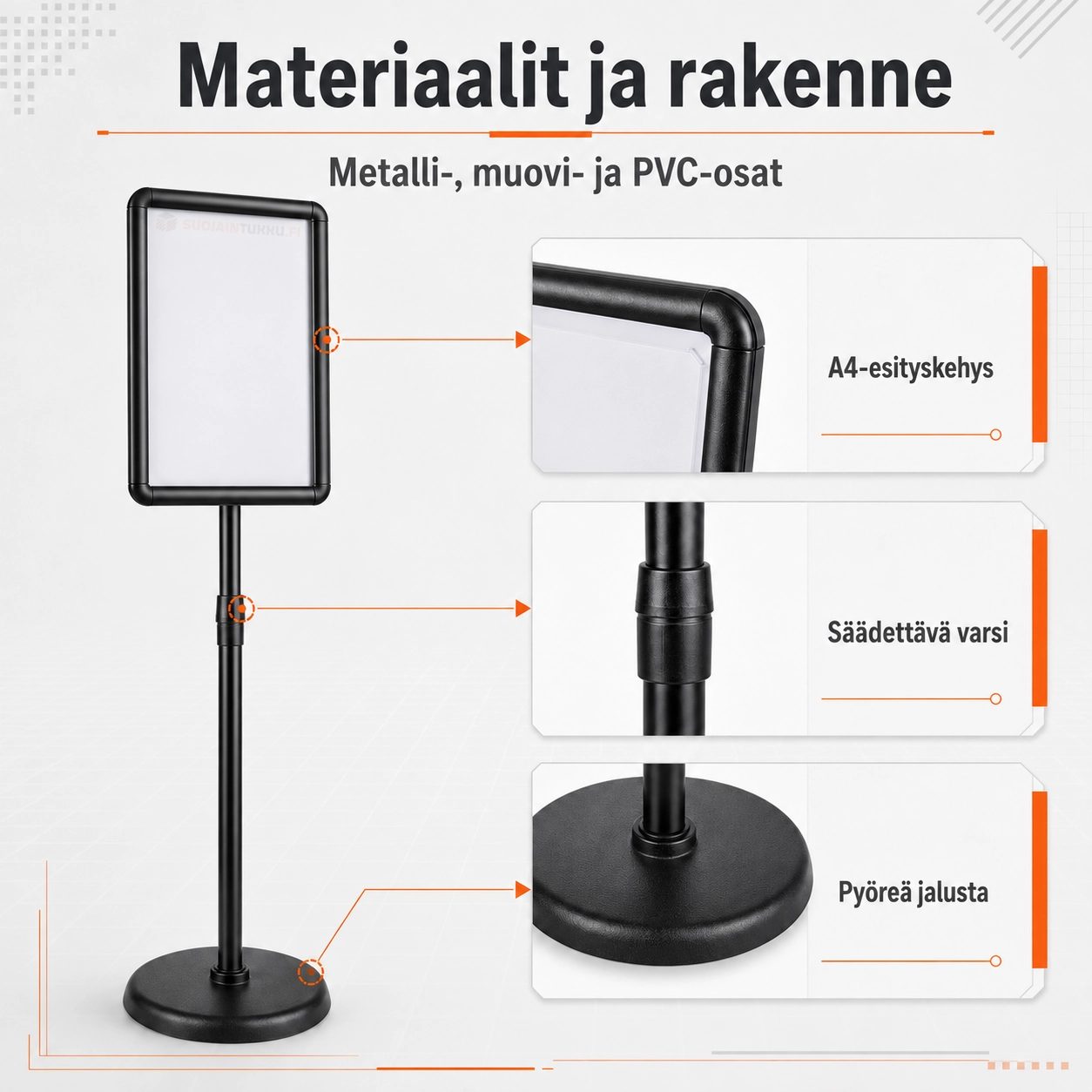 Säädettävä A4-mini-infotaulu 38–60 cm, musta kehys, metallivarsi ja pyöreä jalusta