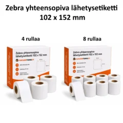 Zebra yhteensopiva lähetysetiketti 102 x 152 mm, 4 ja 8 rullan pakkausvaihtoehdot