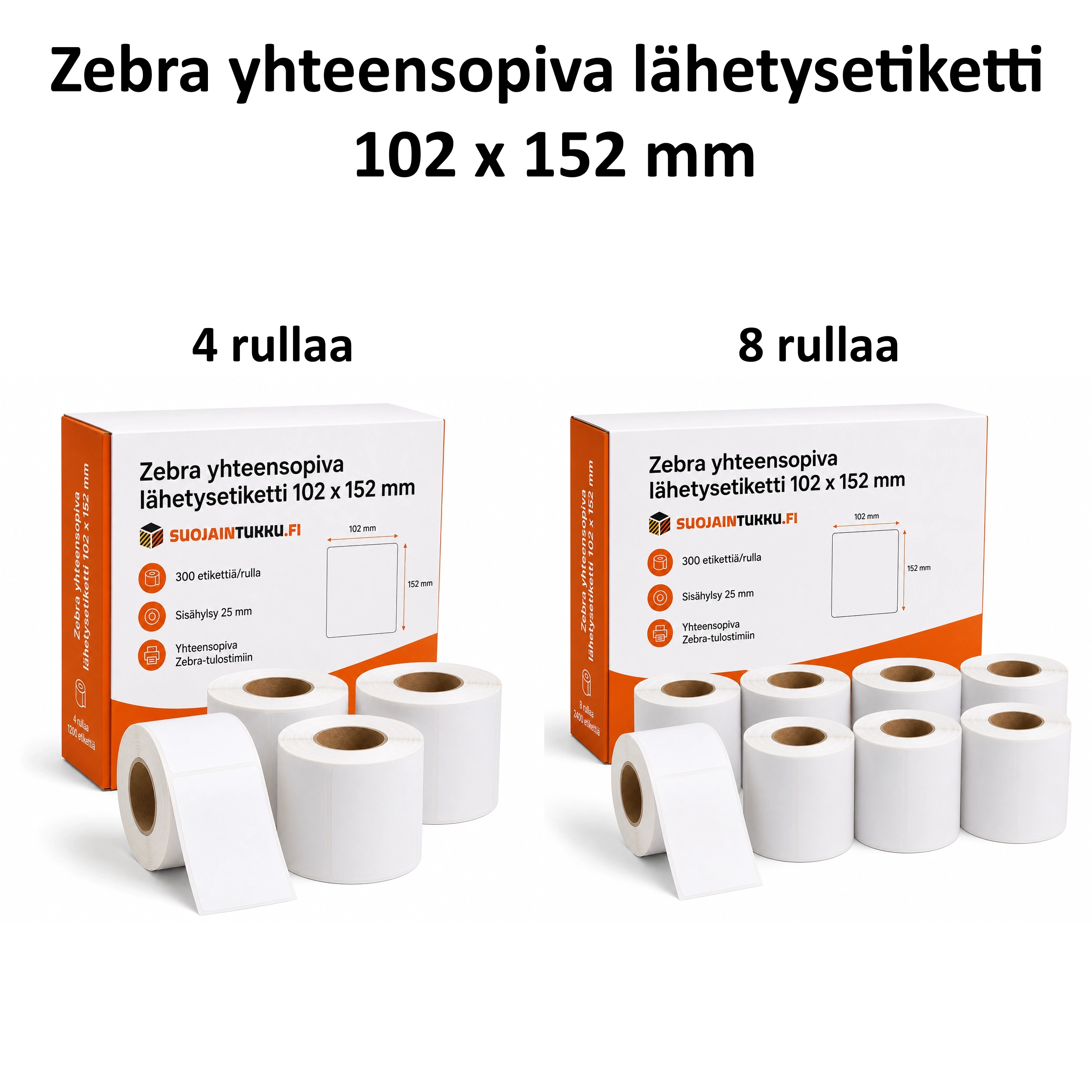 Zebra yhteensopiva lähetysetiketti 102 x 152 mm, 4 ja 8 rullan pakkausvaihtoehdot