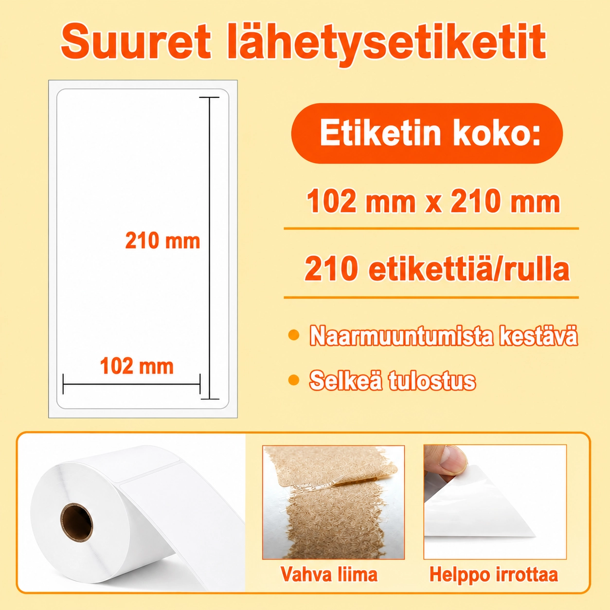 Zebra lähetysetiketti 102 x 210 mm, 210 etikettiä rullassa ja 25 mm sisähylsy