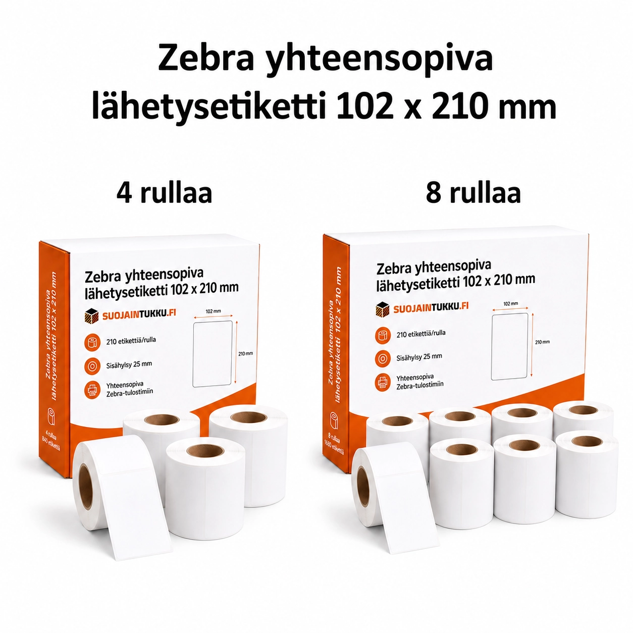 Zebra yhteensopiva lähetysetiketti 102 x 210 mm, 4 ja 8 rullan pakkausvaihtoehdot