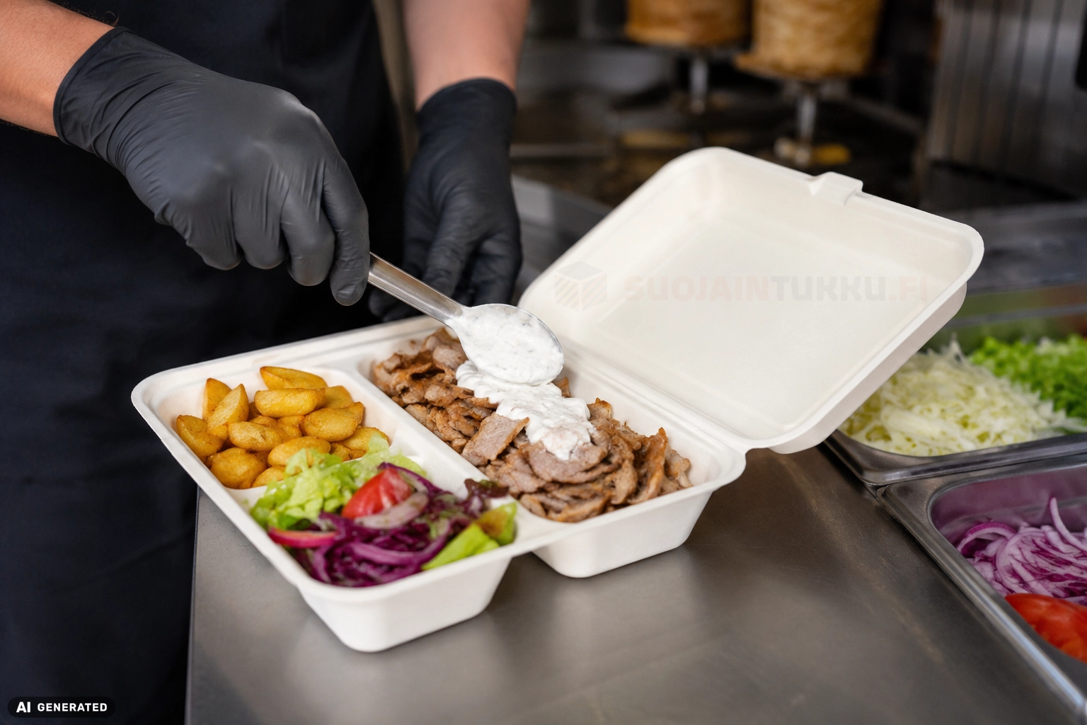 Kebabannos pakataan lokerolliseen take away -rasiaan ravintolan ammattikeittiössä.