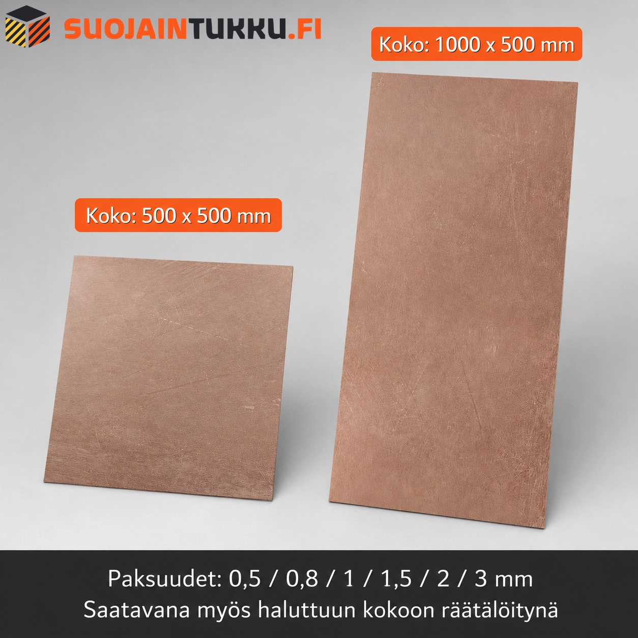 Kuparilevy 500 x 500 ja 1000 x 500 mm, paksuudet 0,5–3 mm