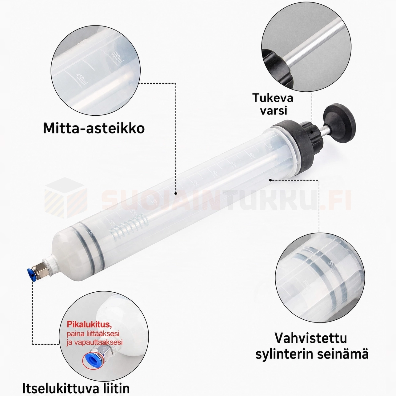 500 ml öljyruisku mitta-asteikolla, vahvistetulla sylinterillä ja pikalukituksella