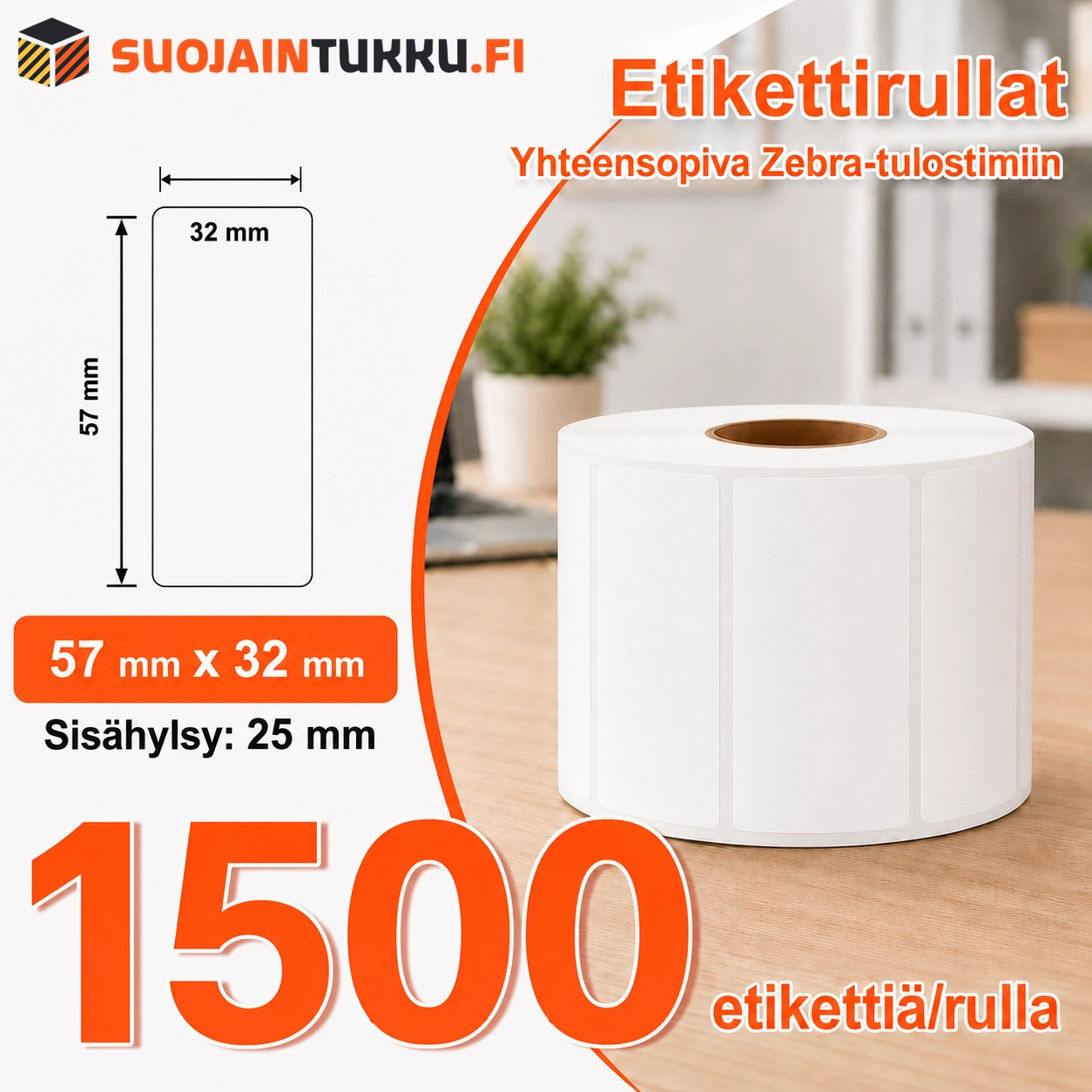 Zebra etikettirulla 57 x 32 mm, 25 mm sisähylsy ja 1500 etikettiä rullassa