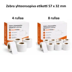 Zebra yhteensopiva etiketti 57 x 32 mm, 4 ja 8 rullan pakkausvaihtoehdot