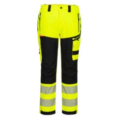 Hi-Vis kuorisadehousut keltainen musta vedenpitävät työhousut edestä kuvattuna