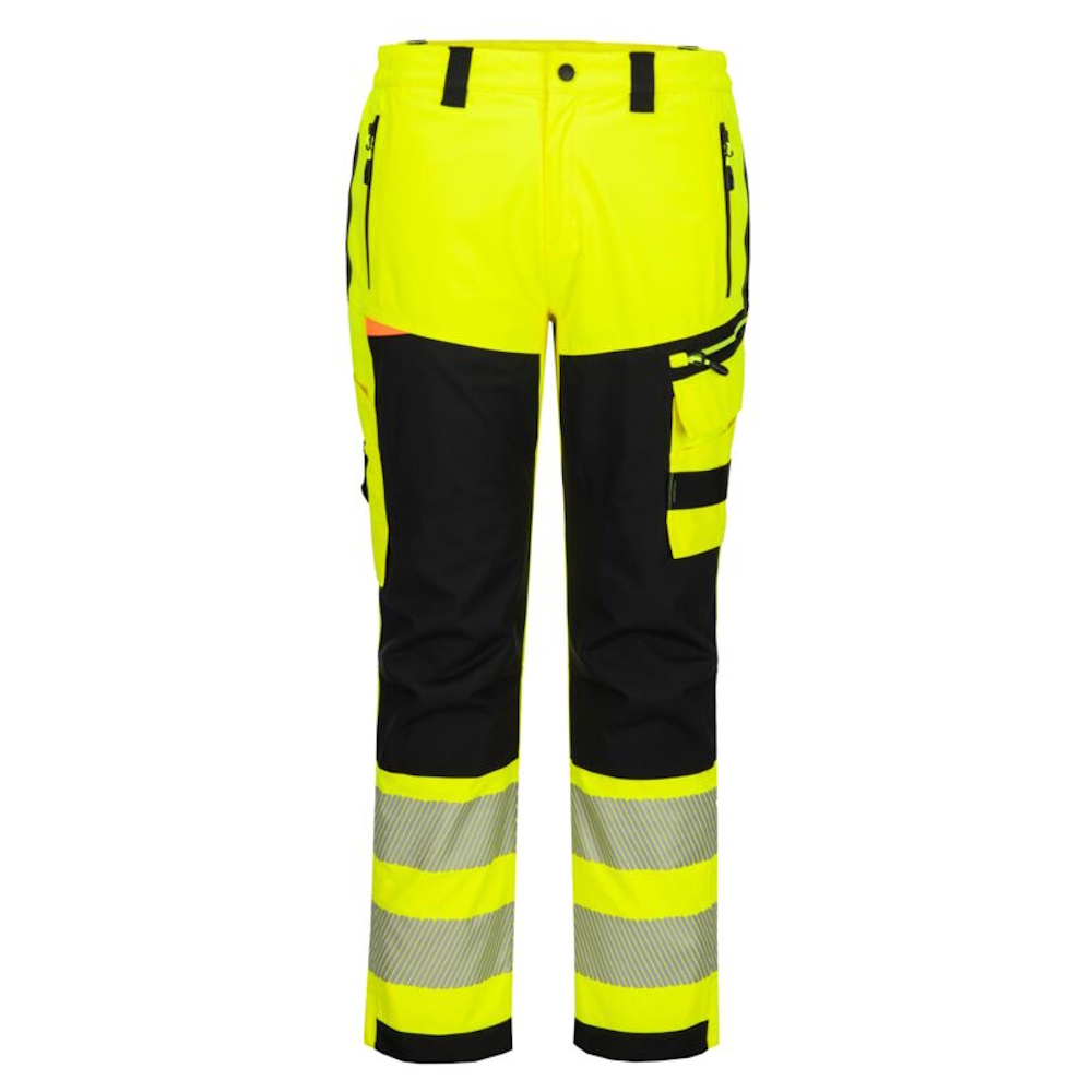 Hi-Vis kuorisadehousut keltainen musta vedenpitävät työhousut edestä kuvattuna
