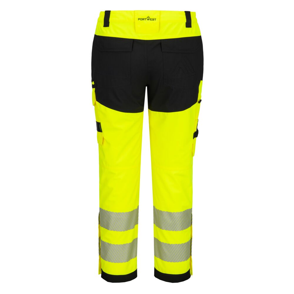 Hi-Vis kuorisadehousut keltainen musta vedenpitävät työhousut takaa kuvattuna