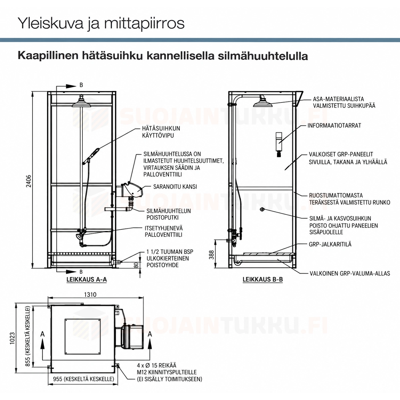 Kaapillisen hätäsuihkun STD-SD-32K/45G tekninen mittapiirustus ja rakenne