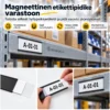 Magneettinen etikettipidike varastohyllyyn tulostettavalla A-01-01 hyllypaikkaetiketillä
