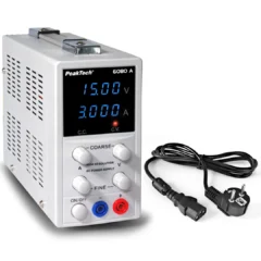 PeakTech 6080 A laboratoriovirtalähde 0–15 V 0–3 A DC virtajohdolla