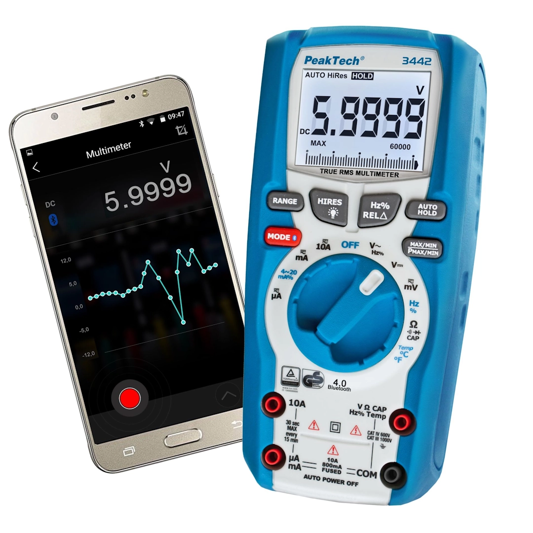 PeakTech 3442 Bluetooth yleismittari ja mobiilisovellus mittaustietojen seurantaan