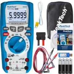 PeakTech 3442 True RMS digitaalinen yleismittari Bluetoothilla, mittausjohdoilla, lämpötila-anturilla, adapterilla, suojalaukulla ja tarvikkeilla