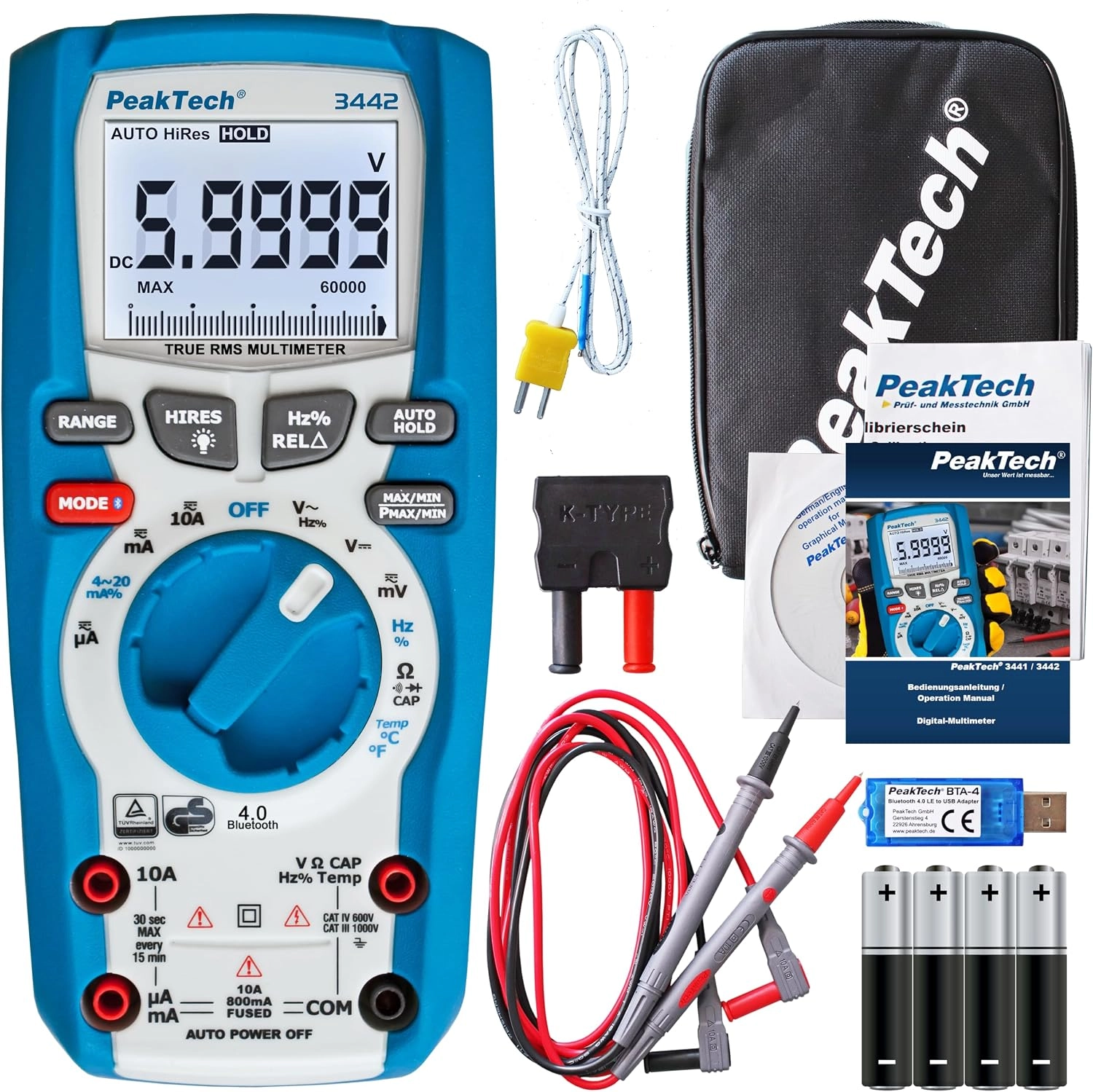 PeakTech 3442 True RMS digitaalinen yleismittari Bluetoothilla, mittausjohdoilla, lämpötila-anturilla, adapterilla, suojalaukulla ja tarvikkeilla