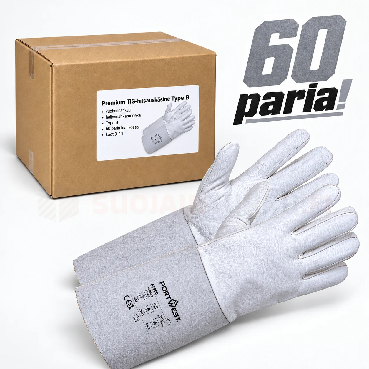 Premium TIG-hitsauskäsine Type B 60 parin tukkupakkaus vuohennahkaa, koot 9–11