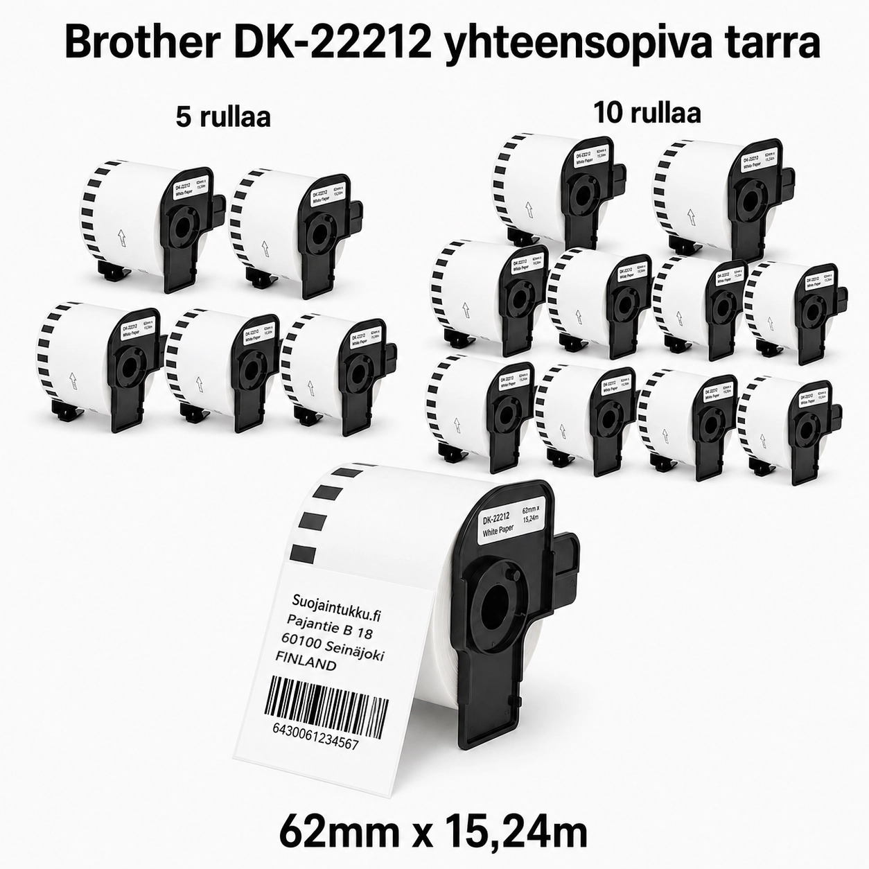Brother DK-22212 yhteensopiva jatkuva filmitarra 62 mm × 15,24 m, 5 ja 10 rullan pakkaukset