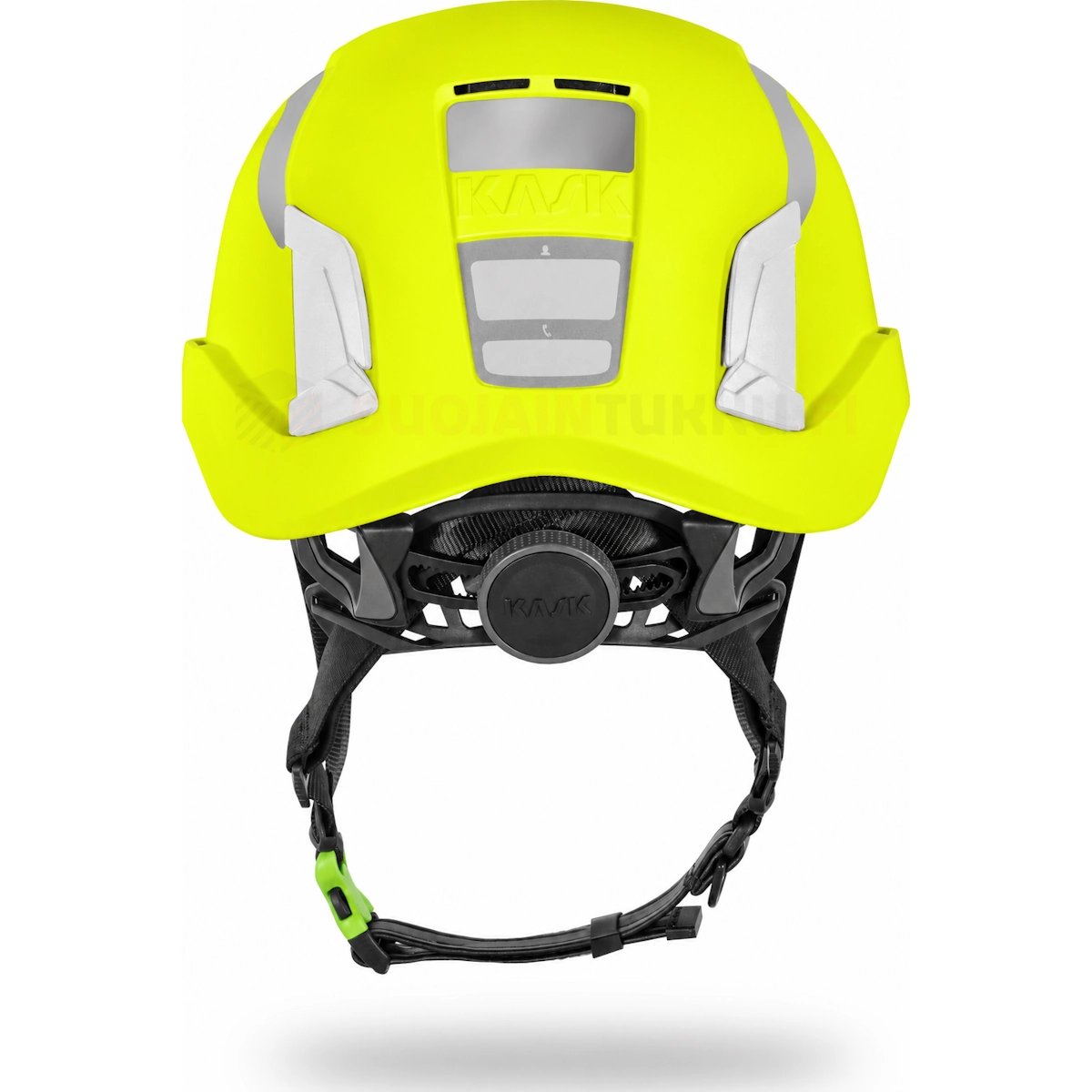 KASK Zenith X PL HI VIZ fluorikeltainen työkypärä takaa – säätöpyörä ja leukahihna