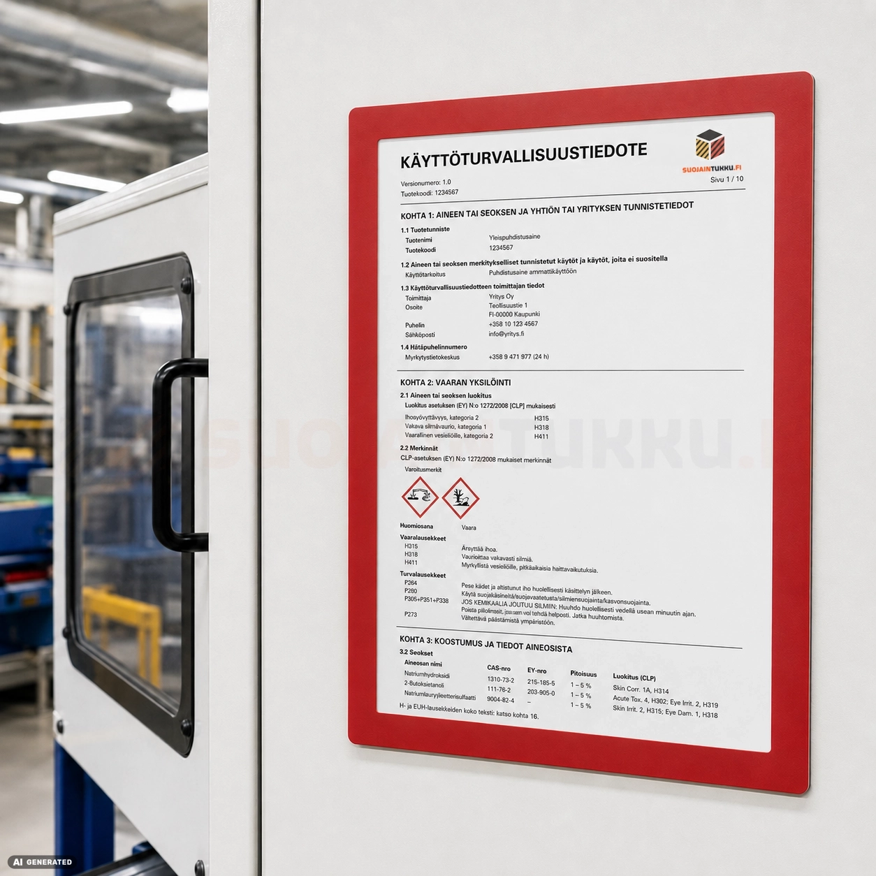 Käyttöturvallisuustiedote punaisessa magneettisessa A4-infokehyksessä
