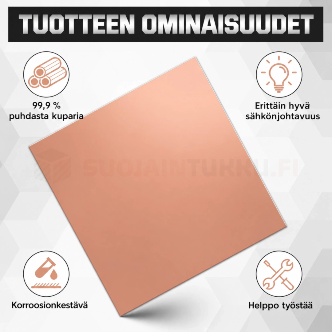 Kuparilevy 99,9 % puhdas kupari sähkönjohtava ja helposti työstettävä