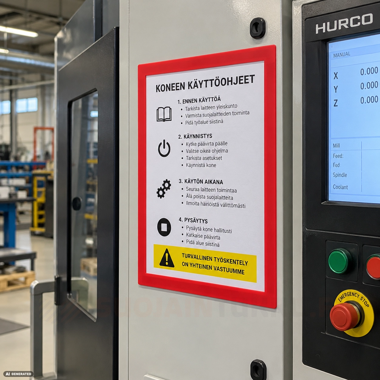 Punainen A4-magneettikehys koneen käyttöohjeille teollisuudessa