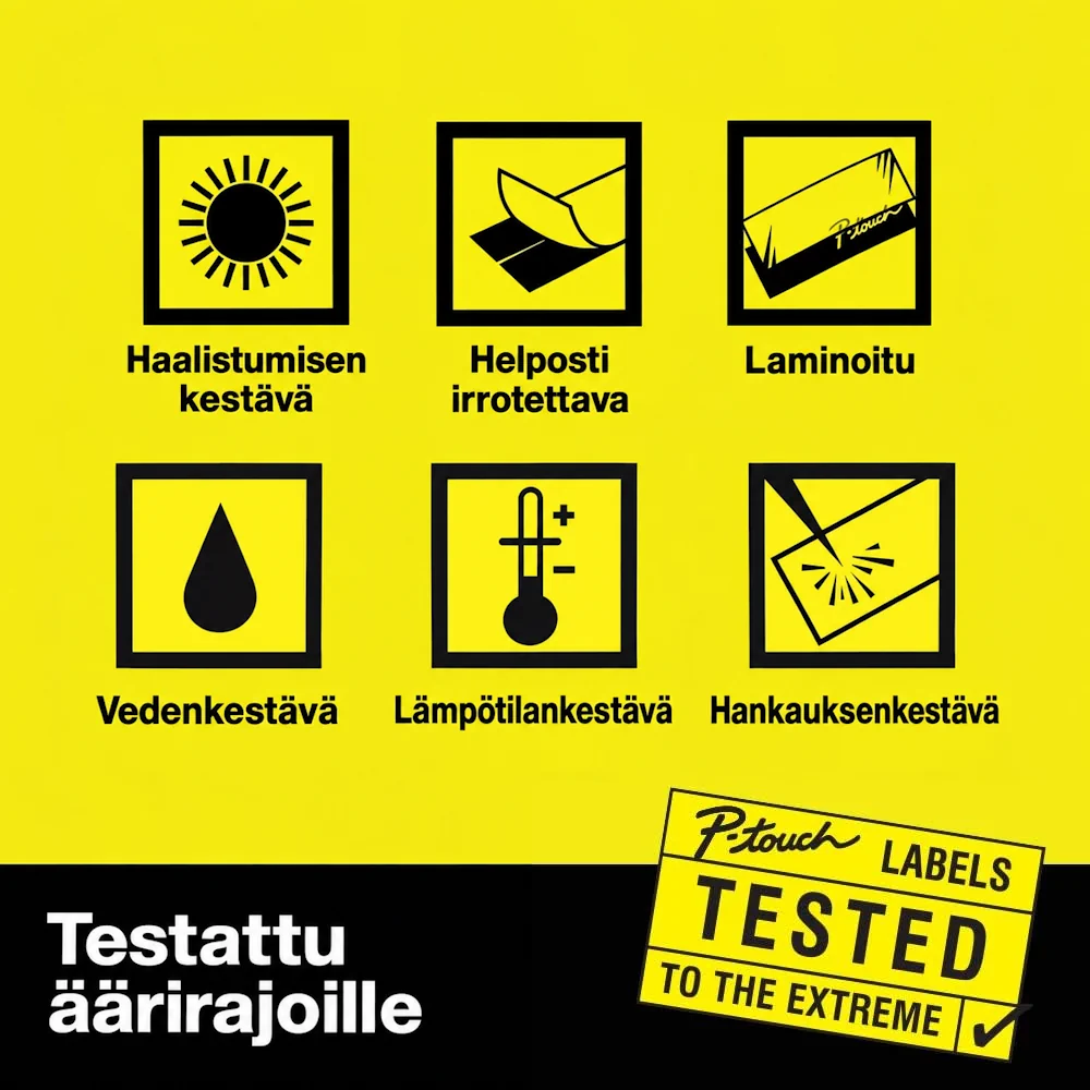 Brother TZe-B51 laminoidun tarranauhan veden-, lämmön-, hankauksen- ja haalistumisen kestävyys