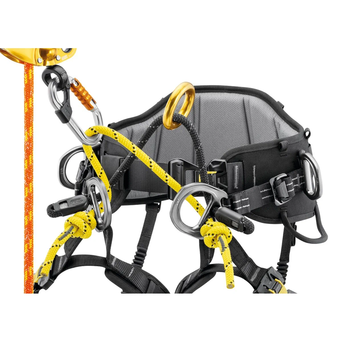 Petzl SEQUOIA kiipeilyvaljaiden kiinnityssilta ja köysityöskentelyn kiinnitysvaihtoehdot