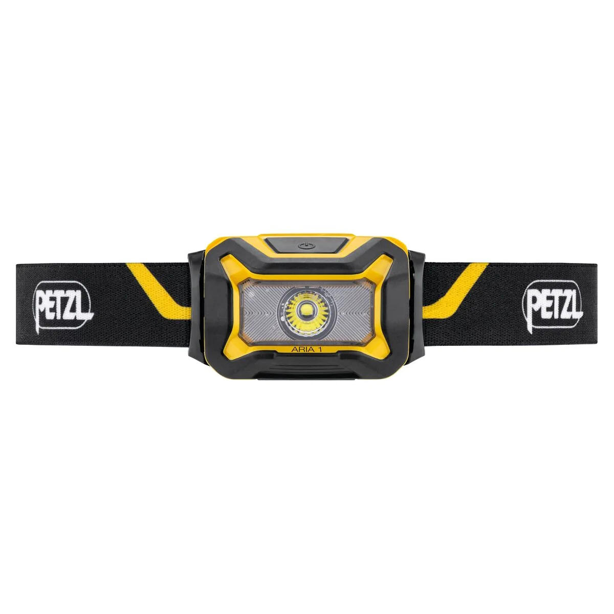Petzl ARIA 1 paristokäyttöinen otsalamppu edestä, leveä LED-valokeila ja musta-keltainen runko