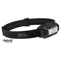 Petzl ARIA 1R RGB otsalamppu sivulta, HYBRID CONCEPT -virtalähdejärjestelmä ja musta otsapanta