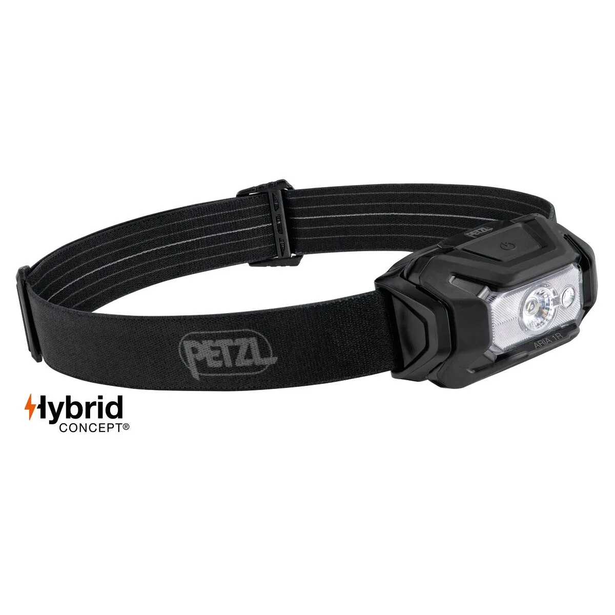 Petzl ARIA 1R RGB otsalamppu sivulta, HYBRID CONCEPT -virtalähdejärjestelmä ja musta otsapanta